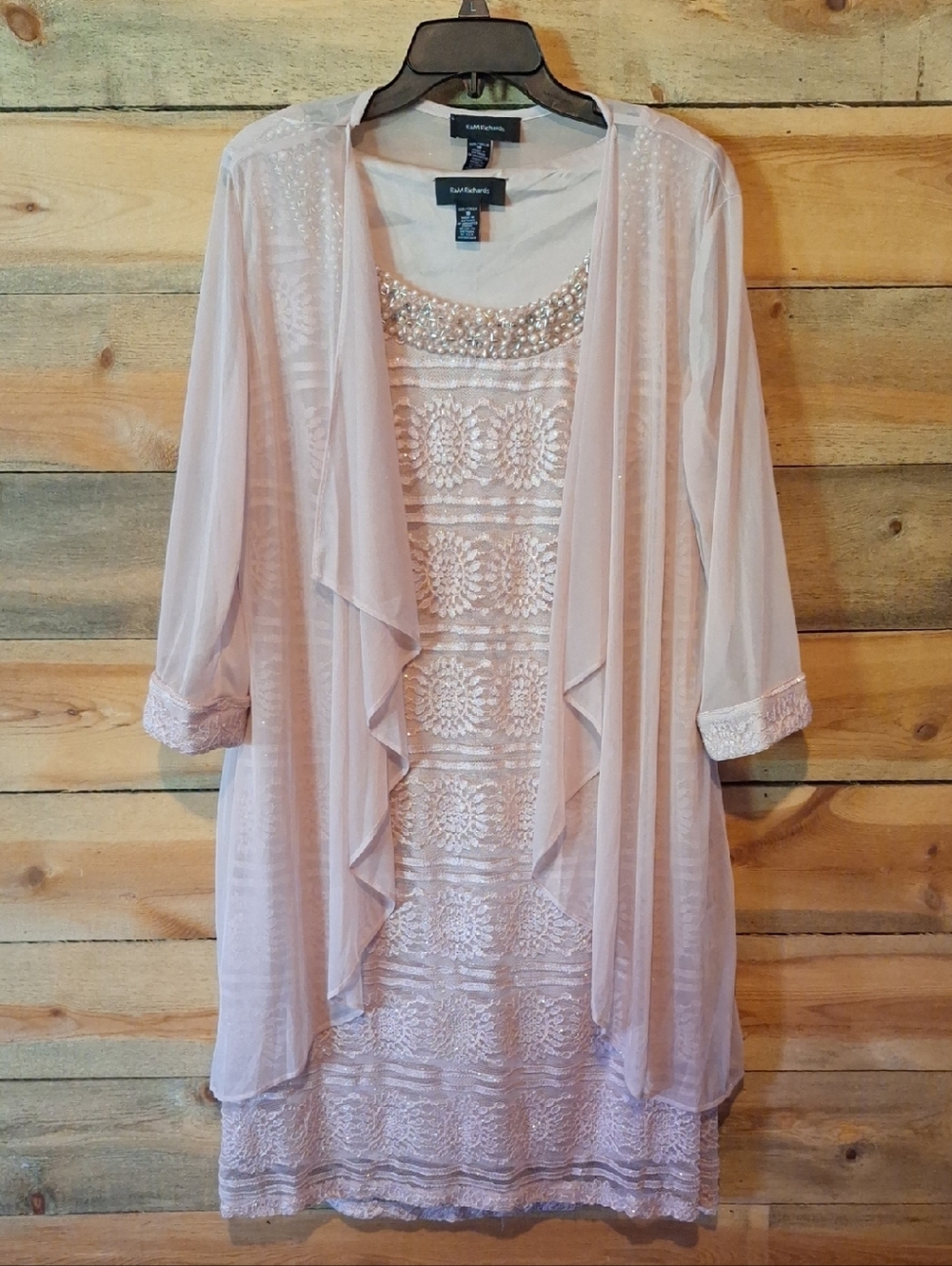 R&M Richards Pale Pink Long Sleeve Embellished Dress with Sheer Jacket